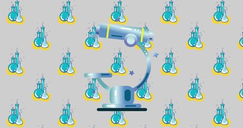 Colorful scientific microscope illustration with beakers background