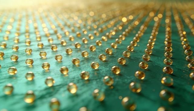 Glinting gold spheres creating precise grid on teal textured surface