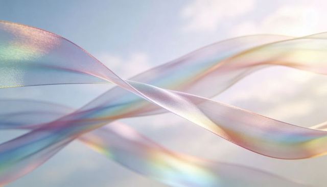 Flowing iridescent ribbons twisting across pastel sky with sunlight soft clouds opalescent glow