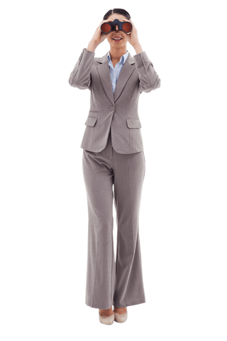 Transparent businesswoman exploring opportunities with binoculars