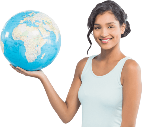 Smiling biracial woman holding globe on transparent background