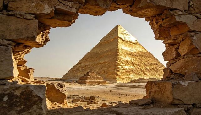 Weathered stone arch framing sunlit great pyramid and mastabas at desert excavation site