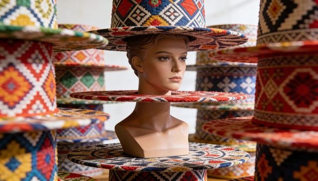 Mannequin wearing tall patterned woven hat among stacked colorful handmade mats