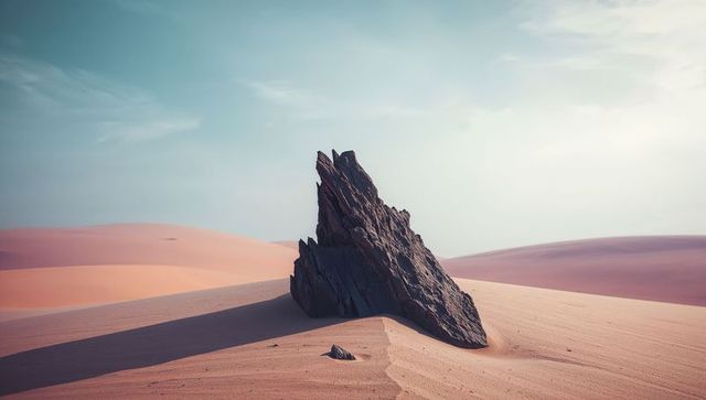 Jagged rock outcrop amid serene red sand dunes