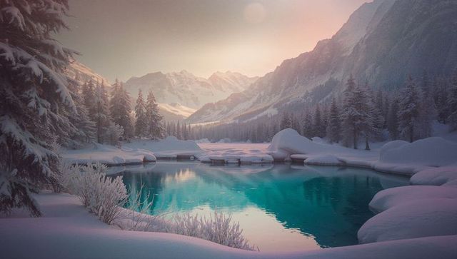 Tranquil turquoise mountain lake at dawn in snowy winter landscape