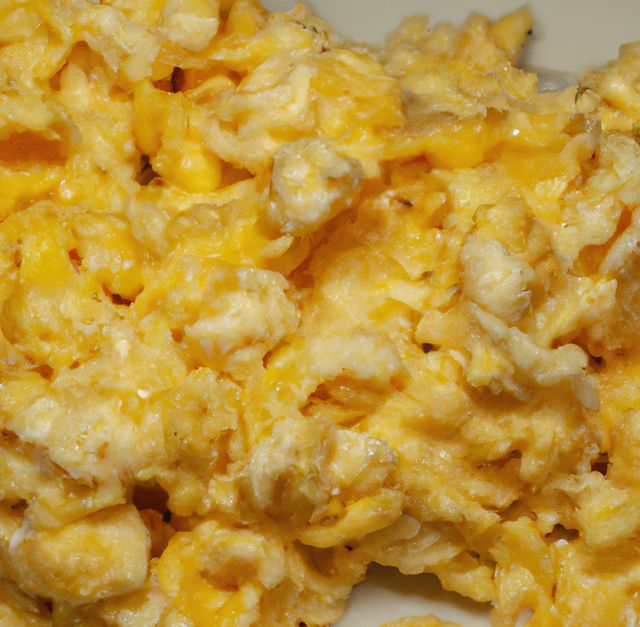 Close-up view of freshly cooked scrambled eggs on plate. Suitable for illustrating breakfast recipes, healthy eating, food blogs, menu designs, nutrition articles, and culinary training materials.