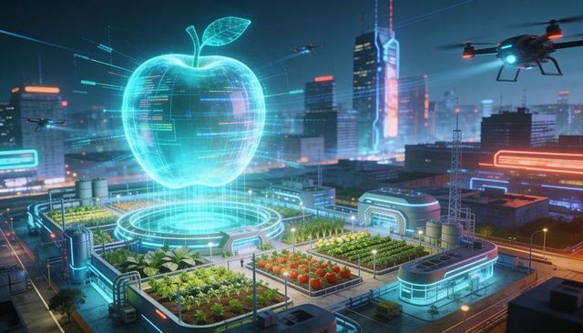 Holographic apple hovering over smart rooftop farm with drones neon city night futuristic