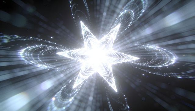 Luminous six-point star emitting particle trails and orbital rings in dark space