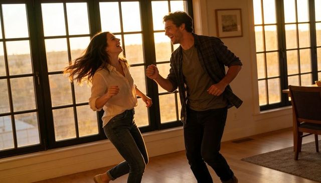 Couple dancing in sunlit living room near black-framed windows, casual shirts and jeans