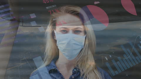 Woman Wearing Mask with Data Overlay Symbolizing Pandemic Insights