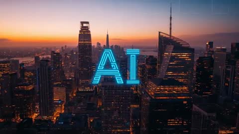Neon AI Sign on Futuristic Urban Skyline at Sunset