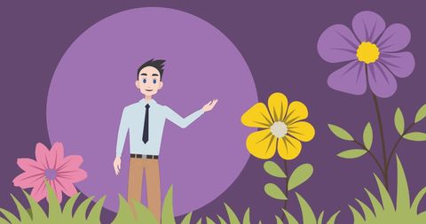 Businessman giving creative presentation amid colorful flowers