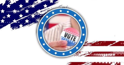 Holding round vote button with blue star-ring and grunge american flag stripes