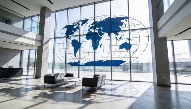 Contemporary corporate lobby featuring giant blue world map on floor-to-ceiling glass