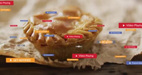 Cursor Clicking Play Badge While Notifications Float Over Rustic Pastry Social Engagement