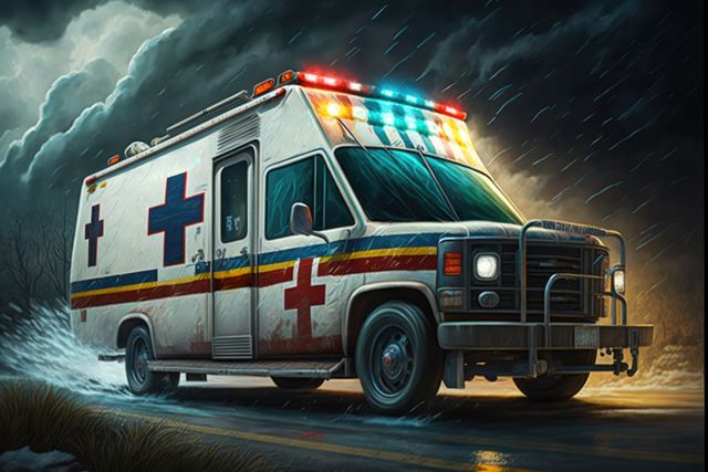 Ambulance parked in wet street with clouded sky, created using generative ai technology. Ambulance and emergency medical services concept digitally generated image.