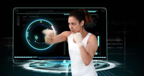 Female Boxer Engaging with Virtual Technology Interface