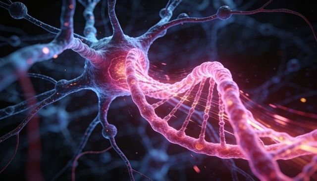 Glowing DNA Helix Weaving Through Neural Mesh, Futuristic Genetic Neurobiology Concept