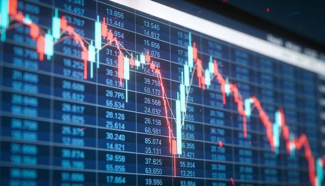 Stock market candlestick chart showing sharp downtrend and volatility on trading screen