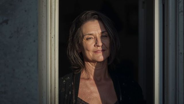 Senior woman standing in doorway receiving warm sunlight, contemplative natural portrait