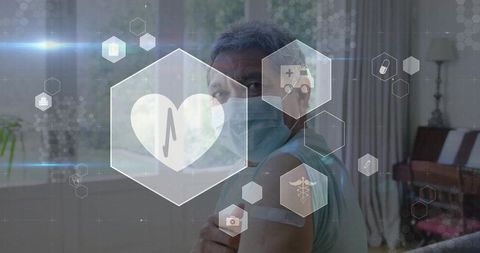 Senior man receiving vaccination at home with telehealth interface and health icons