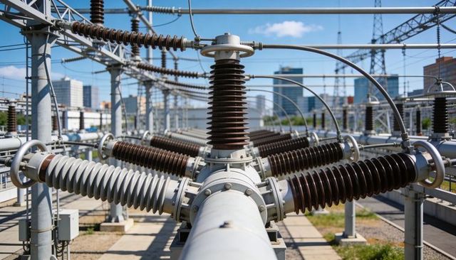 Central high-voltage busbar and ribbed ceramic insulators at urban electrical substation