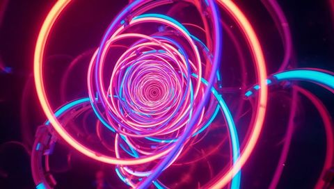 Neon spiral vortex tunnel with glowing tubular rings and futuristic lights