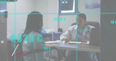 Doctor consulting patient while writing chart in clinic with teal data overlay