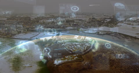 Digital Overlay of Data Icons on Snowy Cityscape