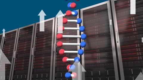 Futuristic DNA Helix and Servers Symbolizing Data Processing
