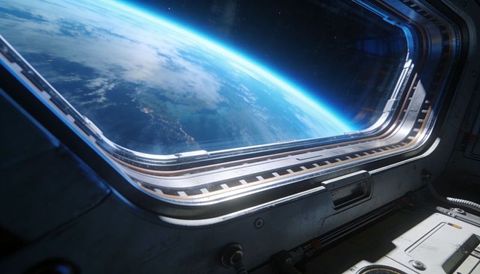Orbital cabin window revealing earth horizon, metallic frame and panel details