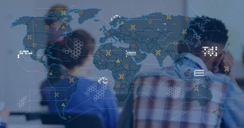 Students Watching World Map Data Projection in Classroom, Digital Learning and Collaboration