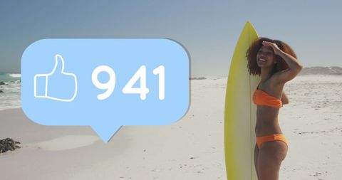 Confident Woman with Surfboard and Social Media Likes Concept
