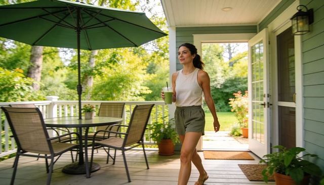 Young woman walking on sunlit porch holding green smoothie, casual backyard patio lifestyle