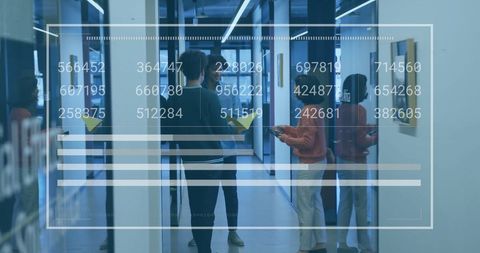 Financial data processing over businesspeople collaborating in modern office