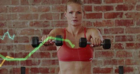Woman Lifting Dumbbells with Graph Overlay in Brick Studio