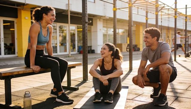 Laughing friends cooling down during outdoor workout in sunlit urban gym courtyard