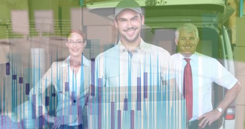 Diverse Warehouse Team with Financial Data Overlay for Global Logistics