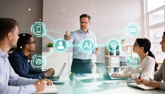 Business leader presenting ai strategy to team with holographic network icons in modern office