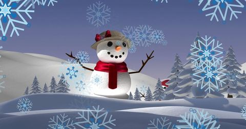 Joyful Snowman in Wintry Landscape with Snowflakes and Trees - Download Free Stock Images Pikwizard.com