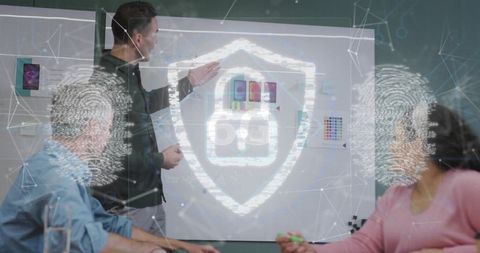 Presenting cybersecurity strategy with biometric fingerprint overlays in team meeting