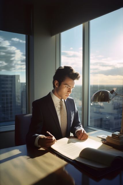 Businessman in formal attire sitting at desk in a modern office, deeply focused on reading a document. Sunlight streams through large windows with city skyscrapers visible outside. Ideal for concepts such as corporate professionalism, business planning, executive tasks, and career success.
