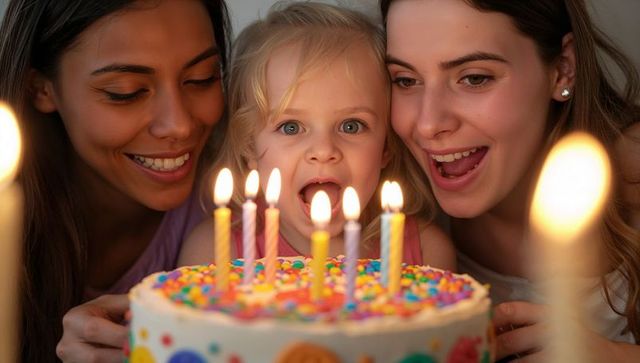 Toddler Blowing Birthday Candles with Smiling Caregivers under Warm Candlelight