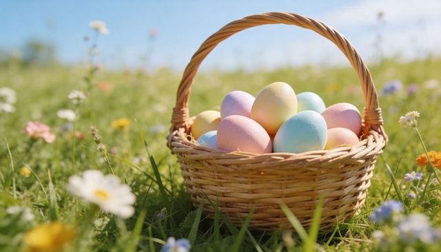 Wicker basket holding pastel easter eggs in sunlit wildflower meadow