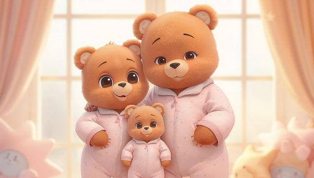 Hugging teddy bear family wearing pale pink pajamas in pastel nursery with soft light