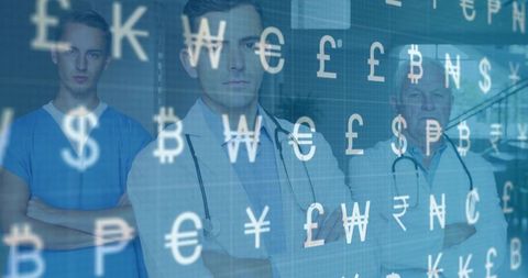 Medical team standing with arms crossed analyzing digital currency and fintech overlay