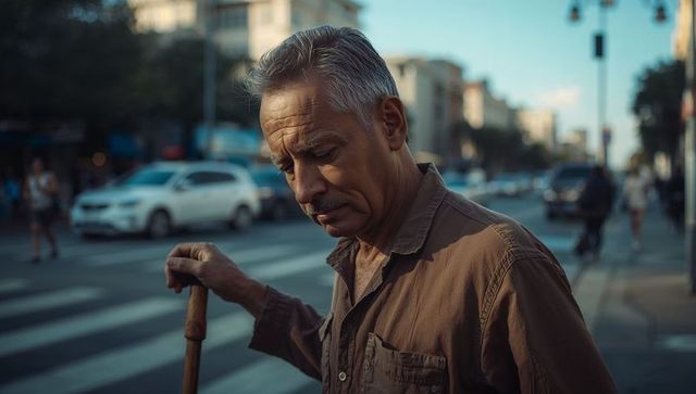 Contemplative senior man leaning on wooden cane at busy urban crosswalk with traffic