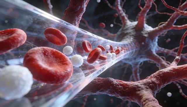 Transparent capillary carrying red and white blood cells through neural microvessel network