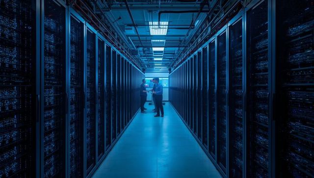 Technicians Analyzing Server Operations in Advanced Data Center