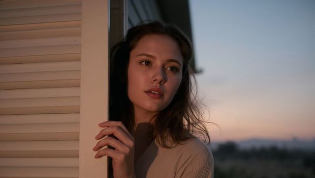 Young woman leaning in doorway at dusk gazing toward horizon while holding white shutter